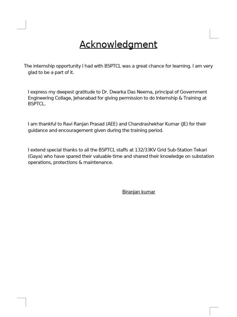 Internship Acknowledgment at BSPTCL | PDF