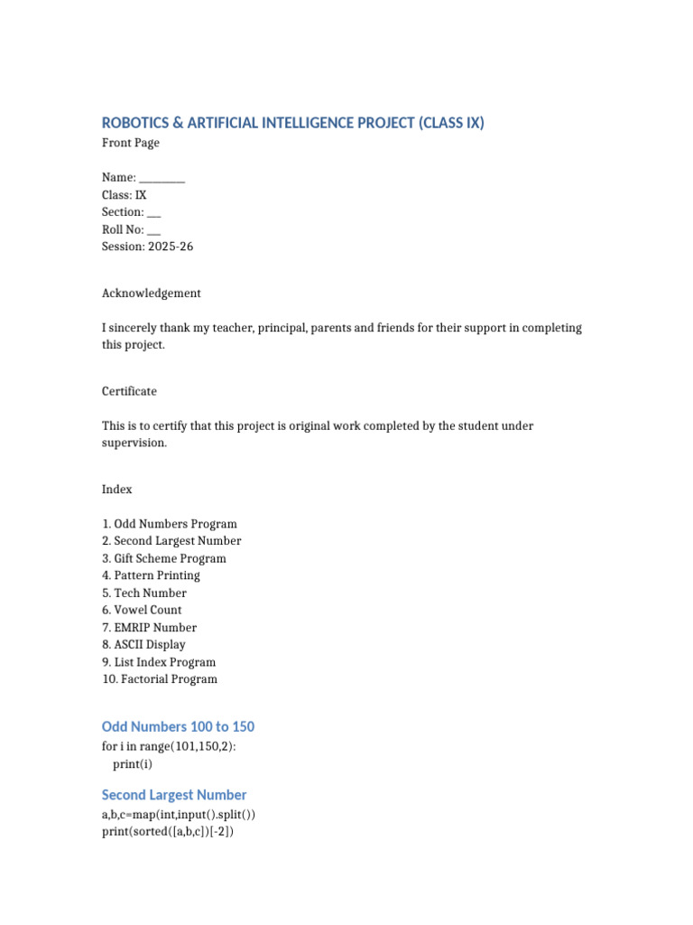 Class IX Robotics & AI Project Guide | PDF