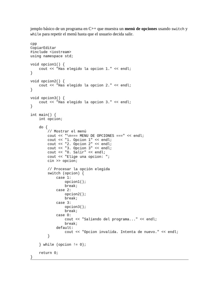 Menú interactivo en C++ con switch | PDF