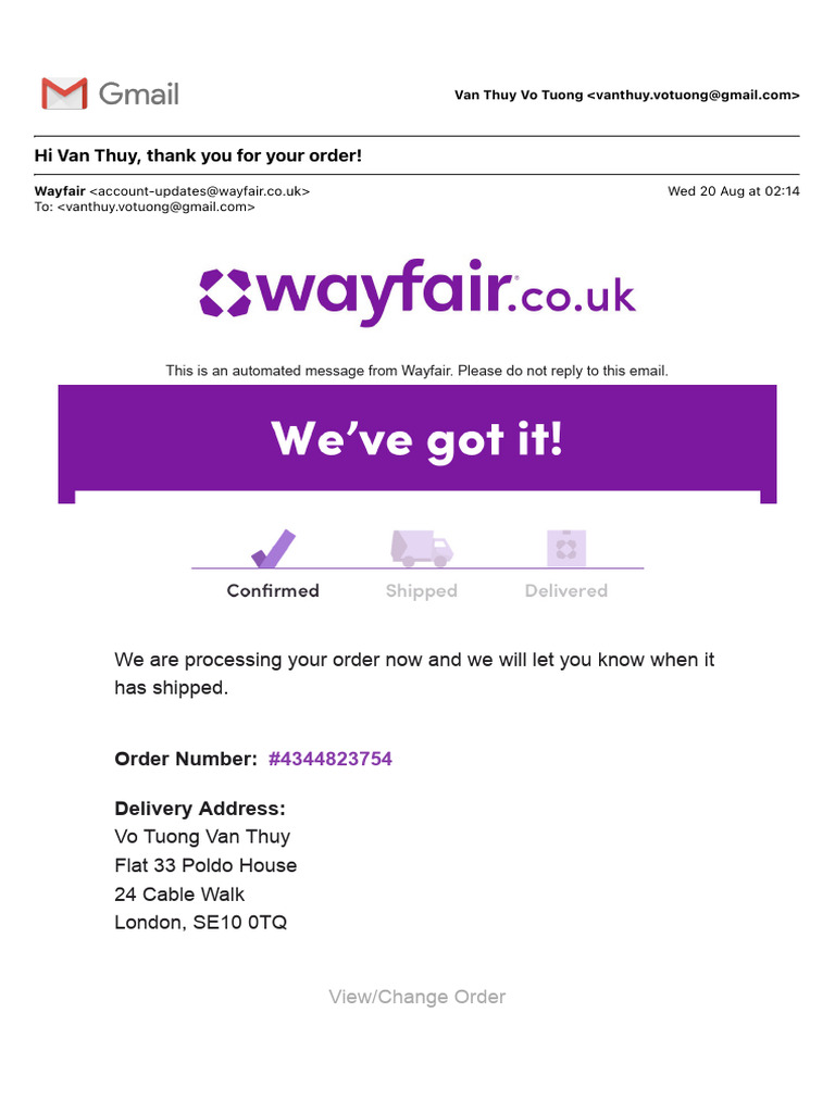 Wayfair Order Confirmation for Dining Chairs | PDF