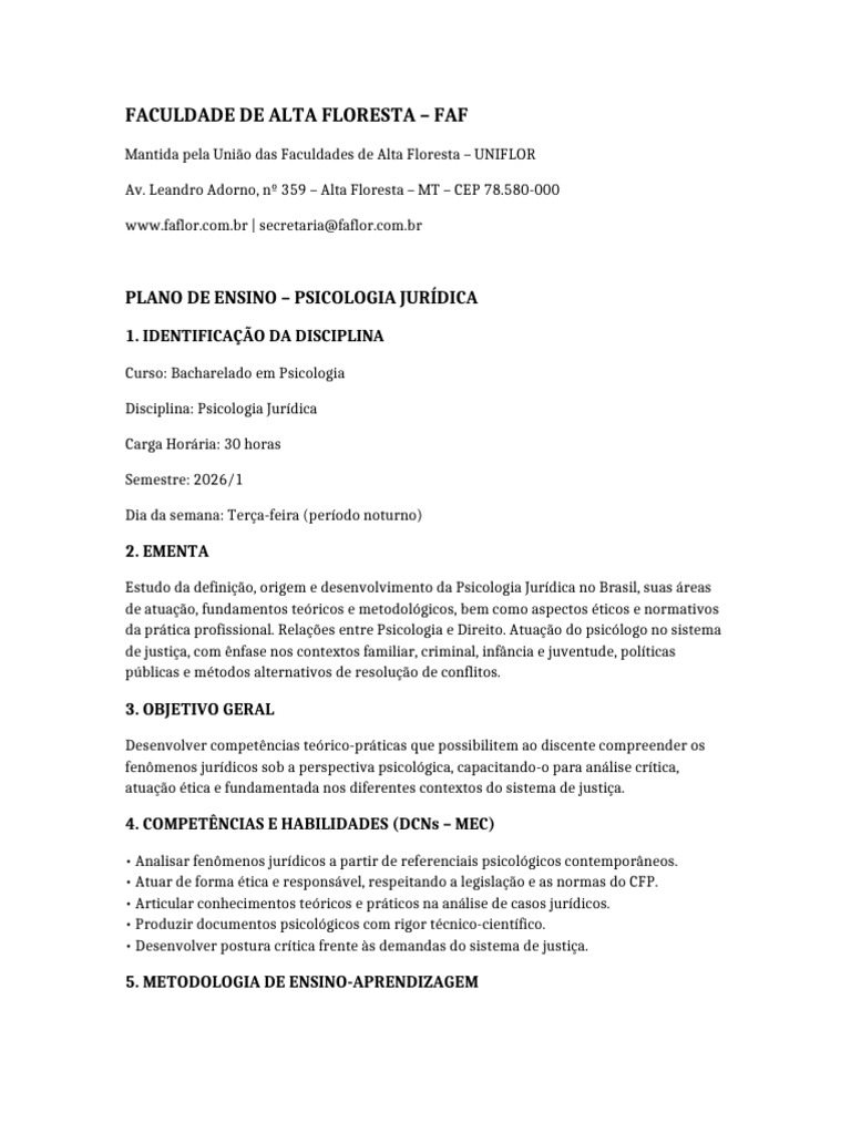 Plano de Ensino: Psicologia Jurídica FAF | PDF | Psicologia | Ciências ...
