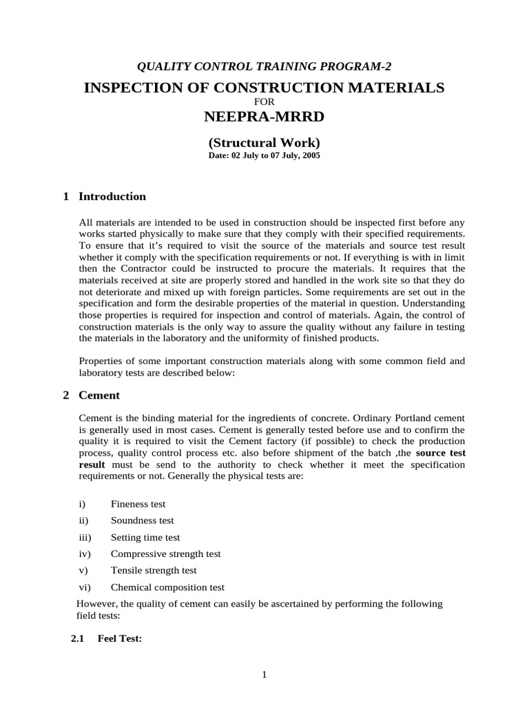 Construction Materials Quality Control Guide | PDF | Concrete | Cement