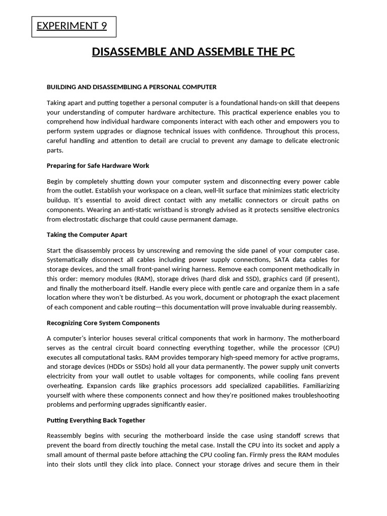 Exp 8 Disassemble and Assemble the Pc | PDF | Computer Hardware ...