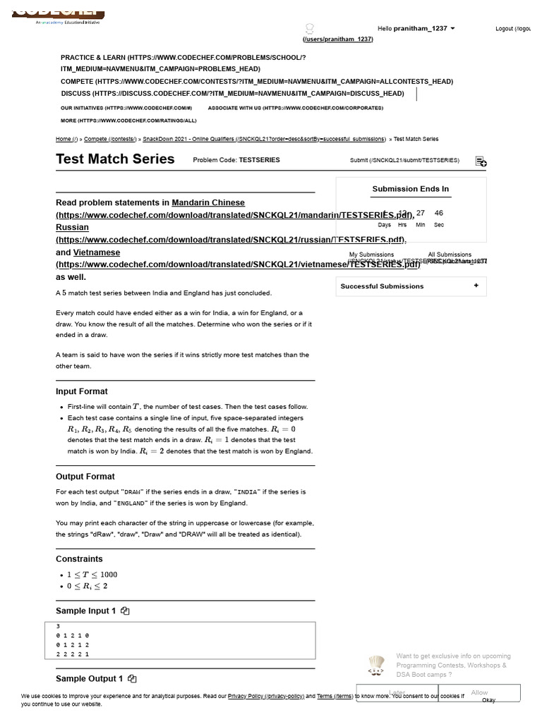 Test Match Series _ CodeChef | PDF | Computer Programming | Computing