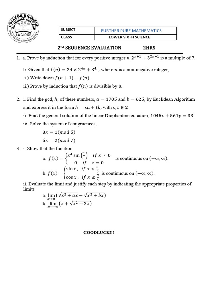 Futher Maths 2nd Sequence LSS | PDF