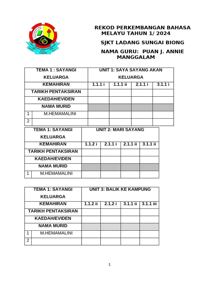 Rekod Perkembangan Bahasa Melayu Tahun 1 | PDF