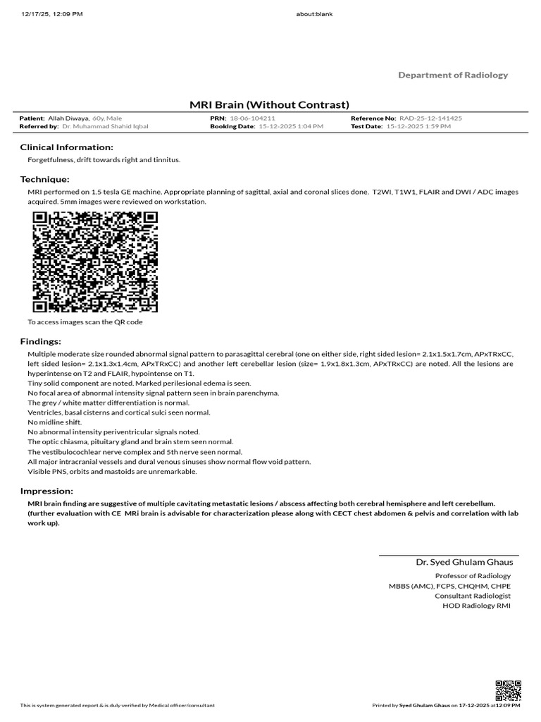MRI Brain Report: Metastatic Lesions | PDF | Magnetic Resonance Imaging ...