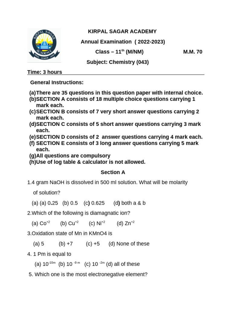 Class 11 Chemistry Exam Paper 2022-23 | PDF | Alkene | Chemical Reactions
