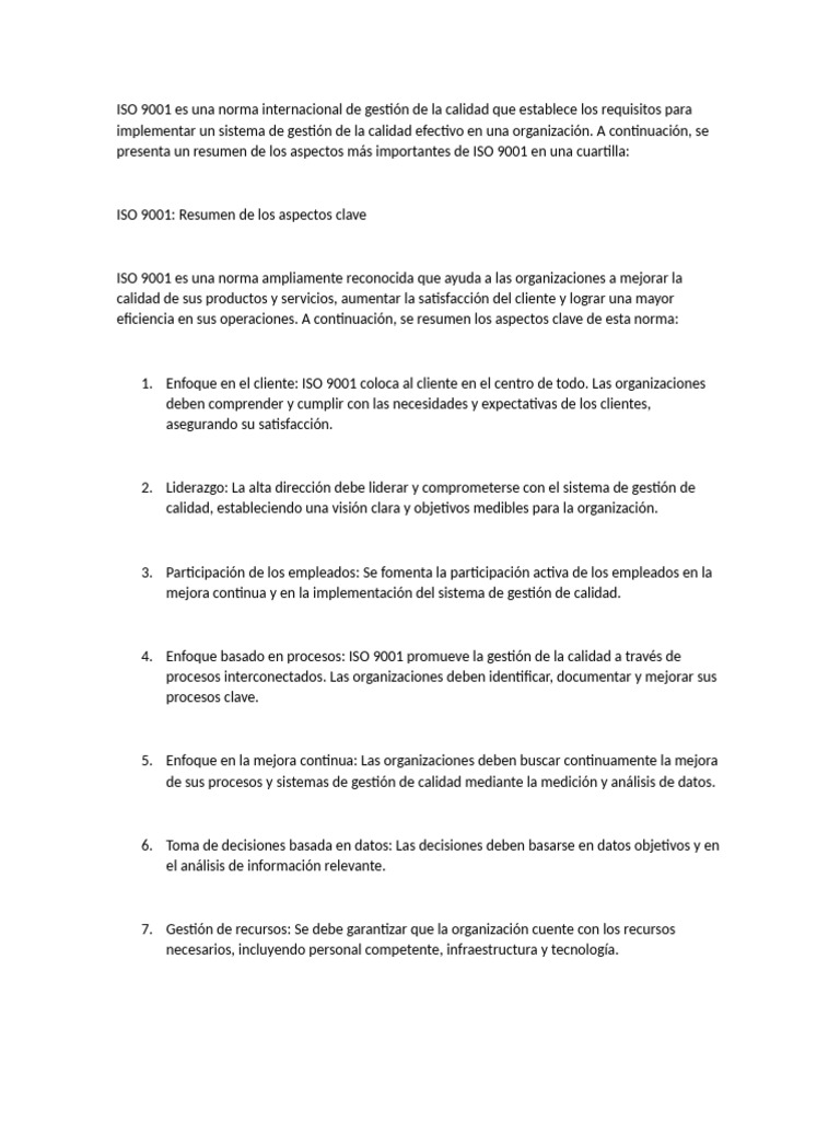 Aspectos Clave de ISO 9001 en Calidad | PDF | Sistema de manejo de ...