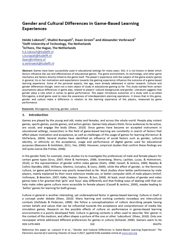 Gender and Culture in Game Learning | PDF | Mann–Whitney U Test