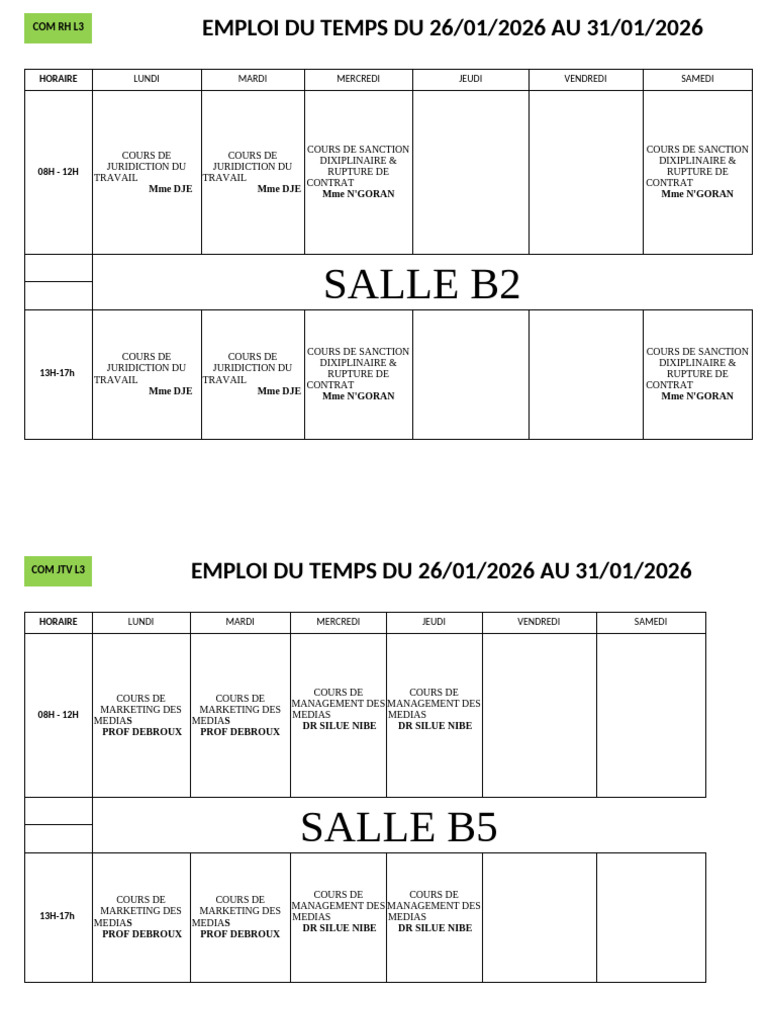Emploi du temps L3 du 26 au 31 janvier 2026 | PDF