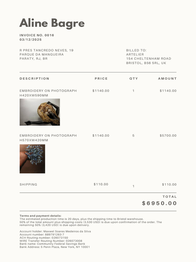 Invoice 0016 for Artelier Embroidery | PDF