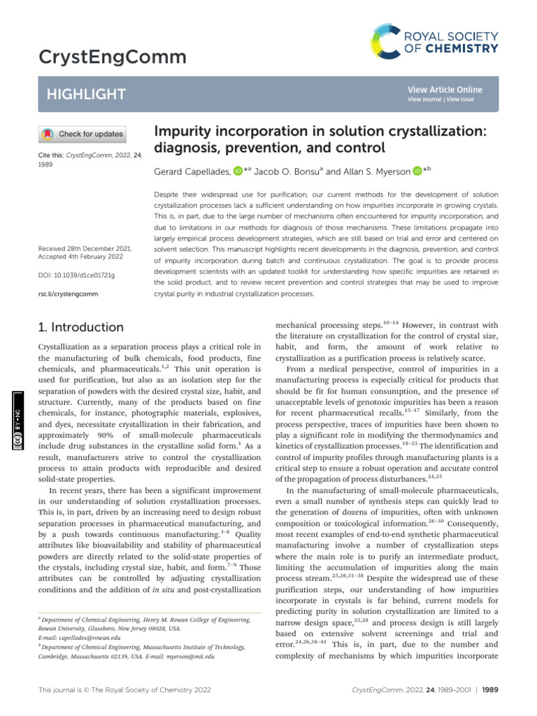 Impurity Control in Solution Crystallization | PDF