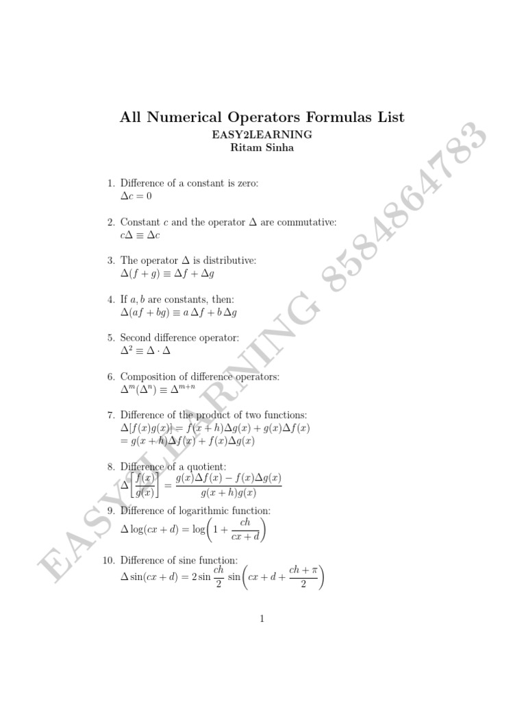 Numerical Operators Formulas Guide | PDF | Mathematical Analysis ...