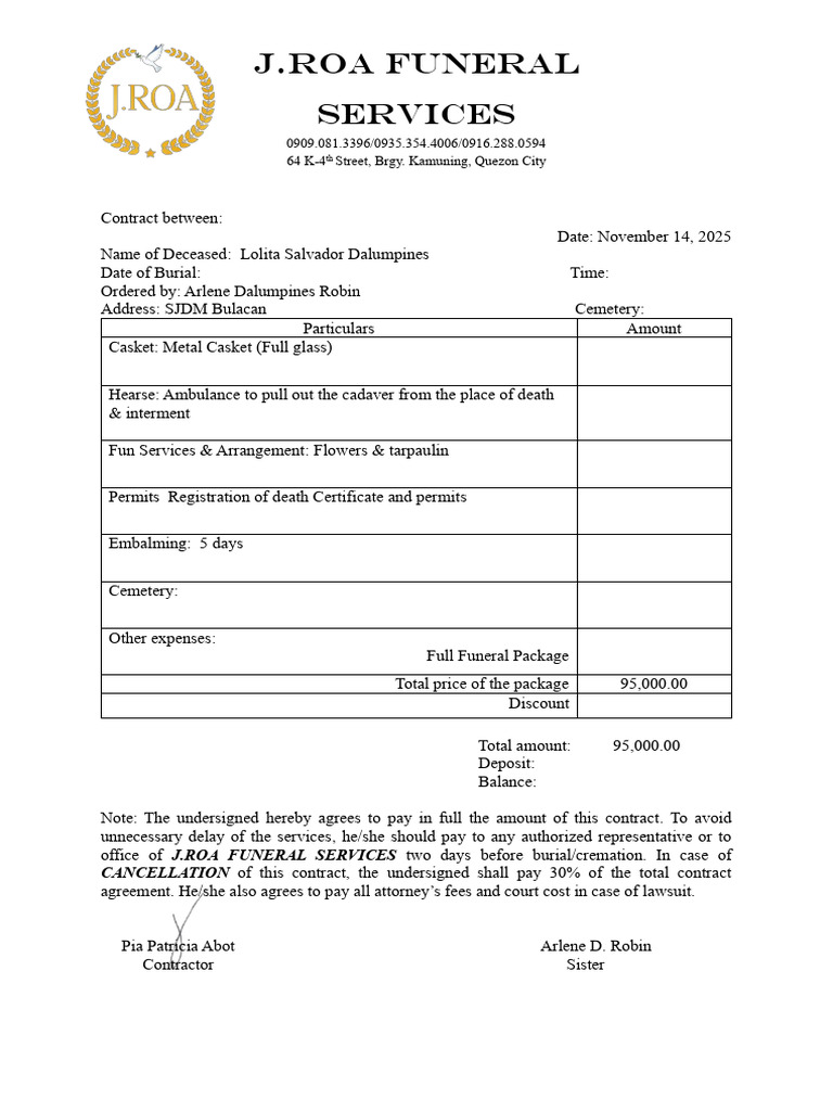 Funeral Service Contract for Lolita Dalumpines | PDF
