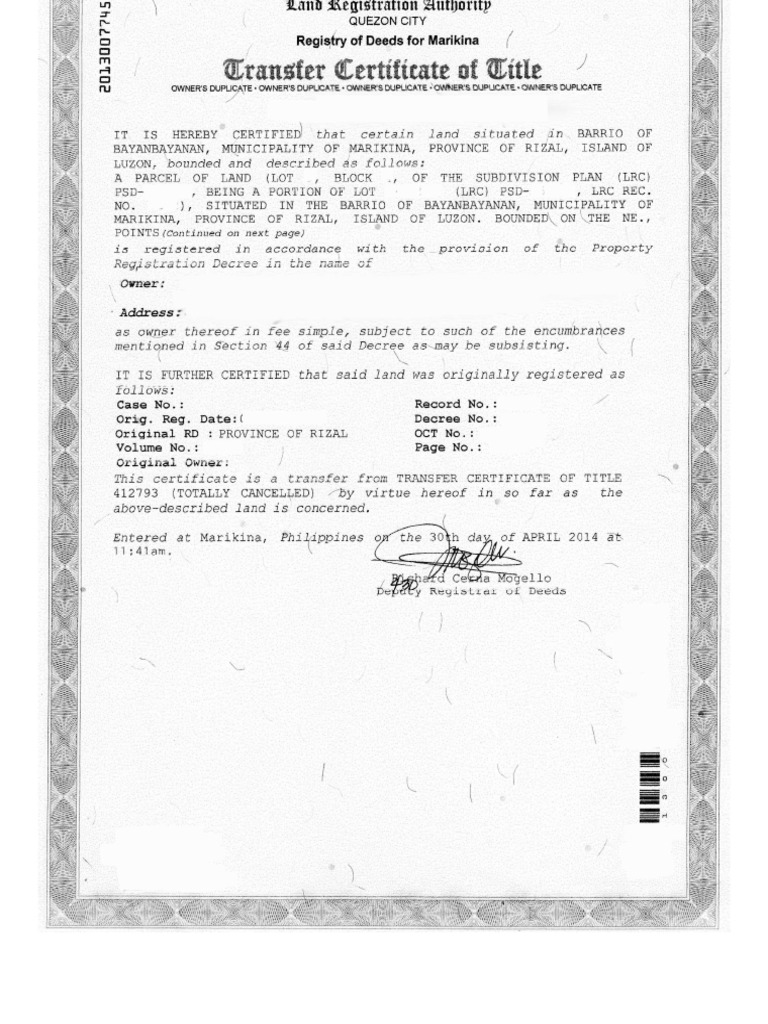 Transfer Certificate of Title Sample The Real Estate Group Philippines2 ...