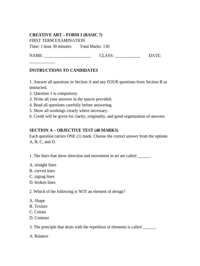 Creative Art Exam: Basic Design Concepts | PDF | Color | Drawing