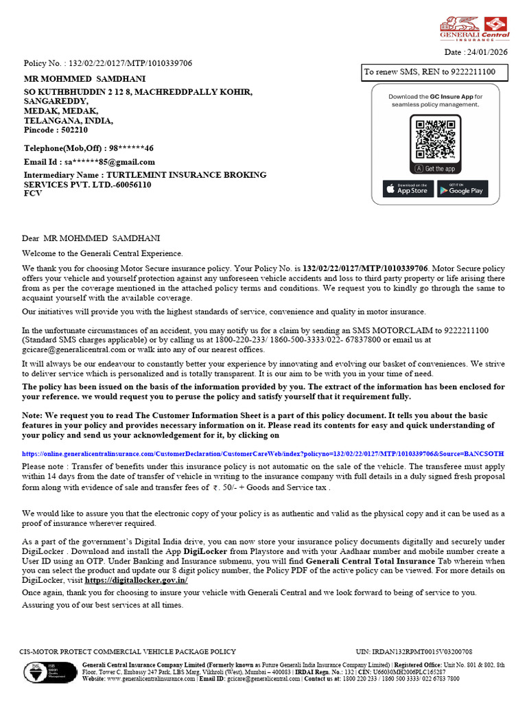 Generali Central Motor Insurance Policy Details | PDF | Insurance ...