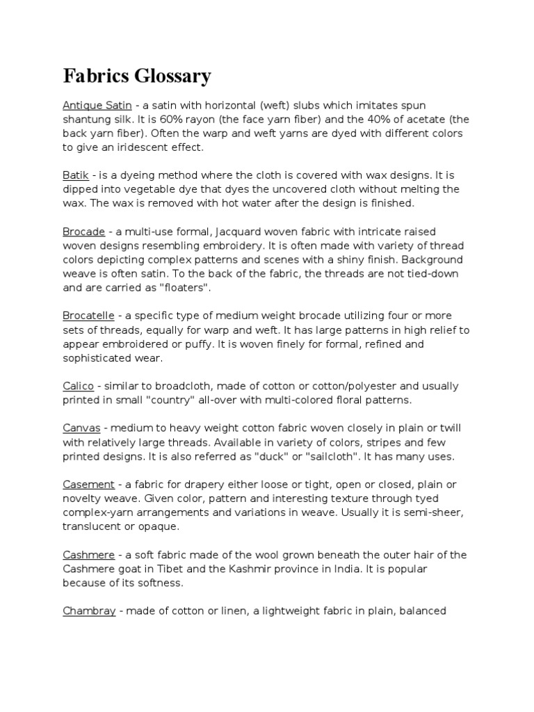 Fabrics Glossary PDF Textiles Weaving