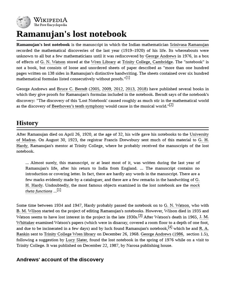 Ramanujan's Lost Notebook Discovery | PDF | Mathematics
