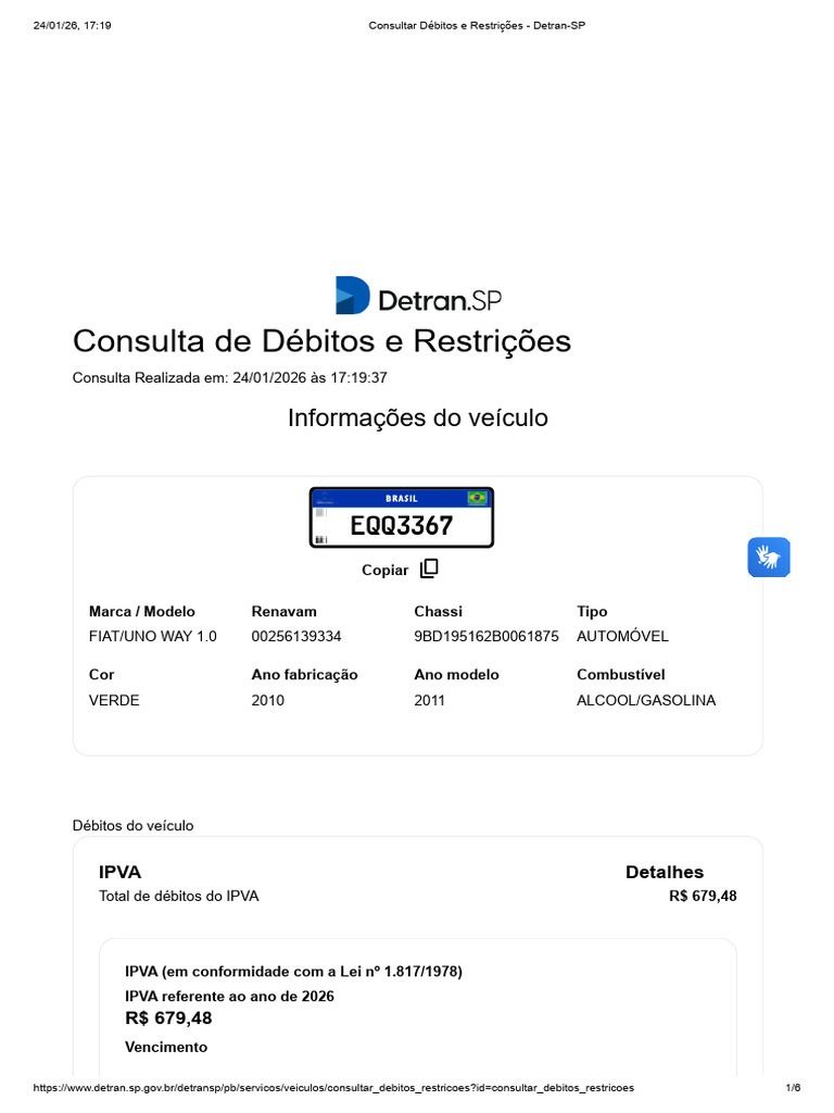 Consulta de Débitos de Veículo Detran-SP | PDF