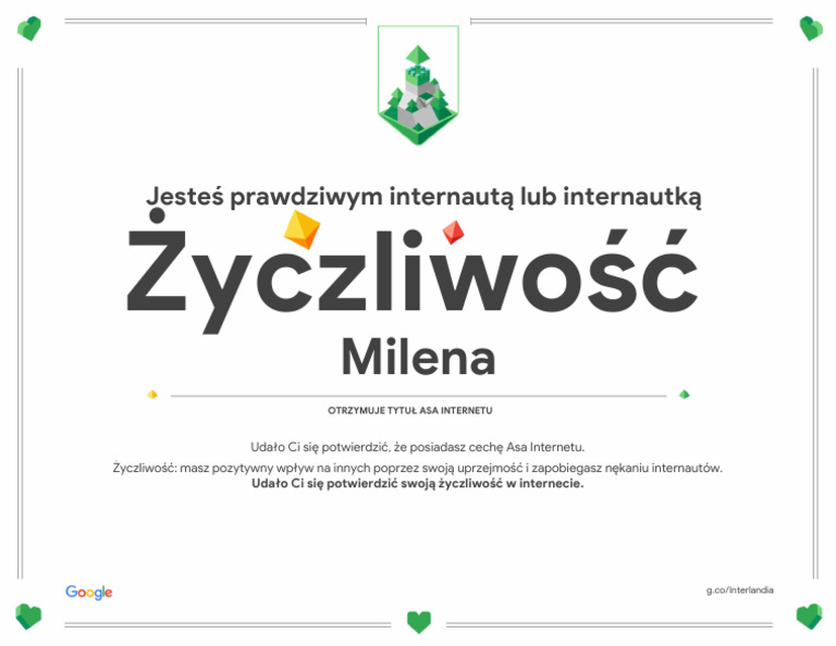Google Interland Milena Certyfikat Zyczliwosci | PDF
