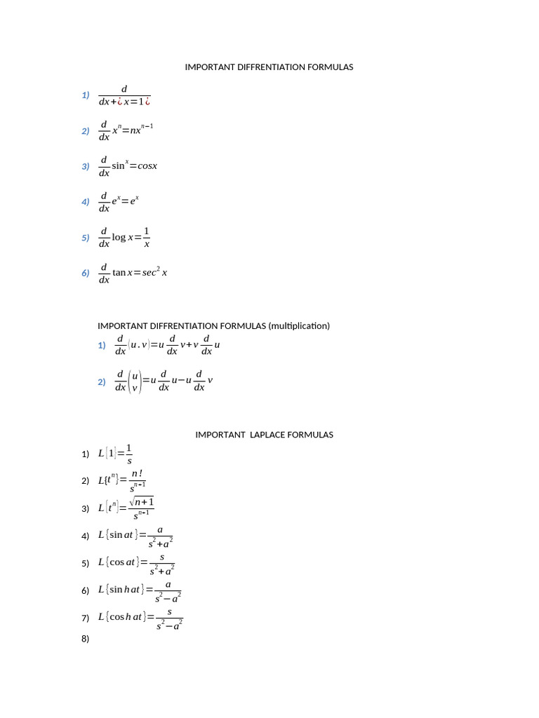 Key Differentiation and Laplace Formulas | PDF
