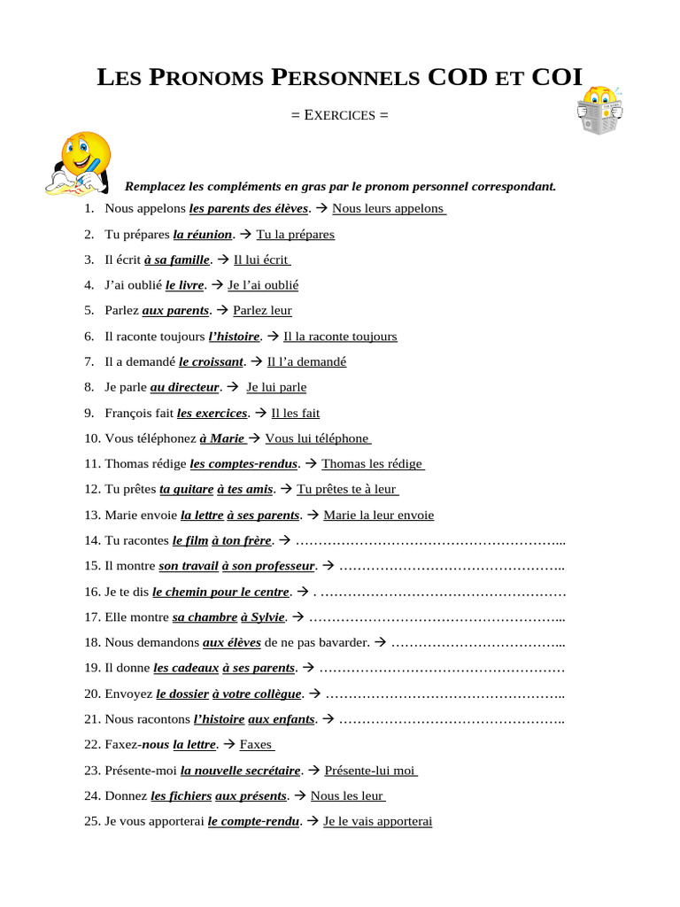 Exercices sur les pronoms COD et COI | PDF