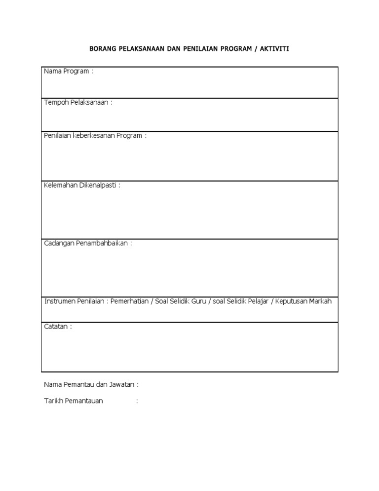 Borang Pelaksanaan Dan Penilaian Program Sekolah Borang Pelaksanaan Dan Penilaian Program Sekolah