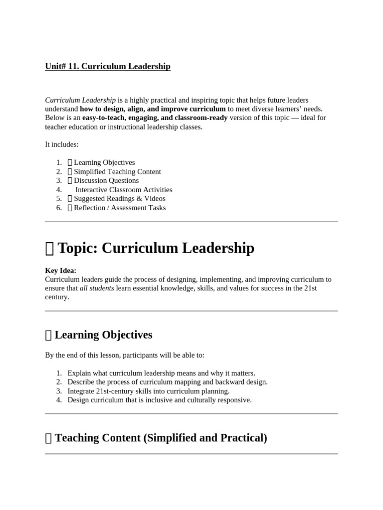 Unit# 11. Curriculum Leadership | PDF | Curriculum | Teachers
