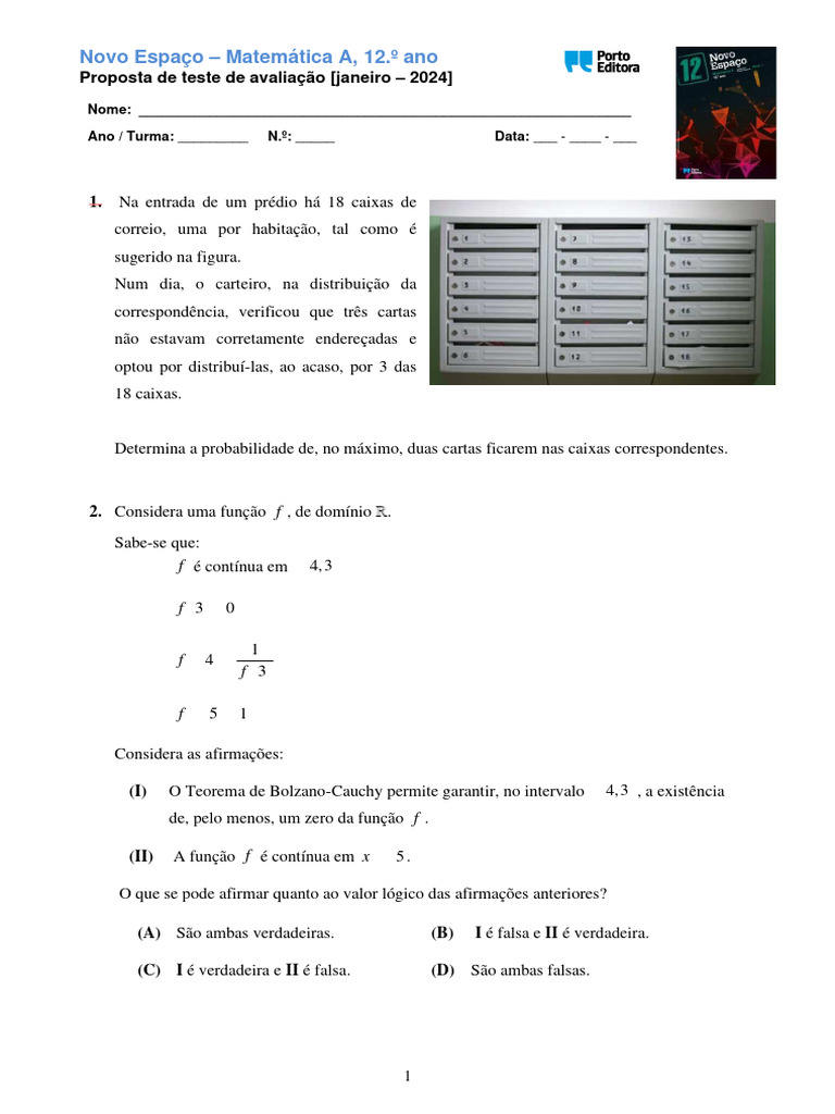 Teste de Matemática A - 12.º Ano | PDF | Distribuição de probabilidade ...
