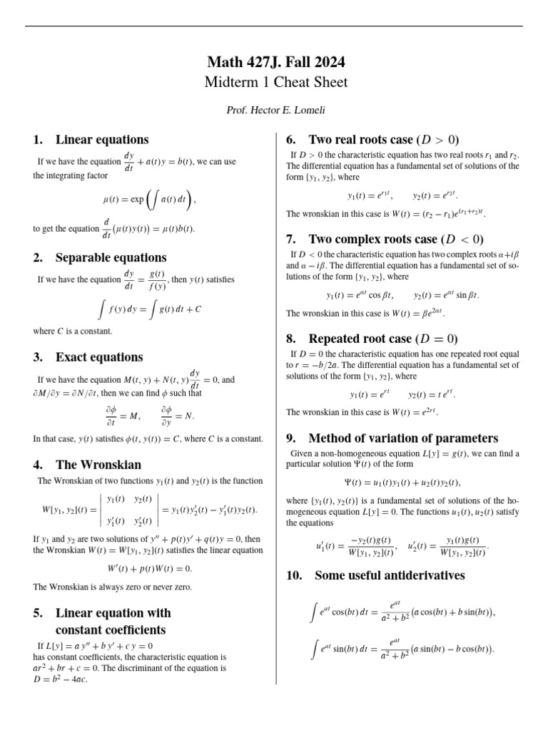 Math 427J Midterm 1 Cheat Sheet | PDF | Mathematical Analysis | Algebra