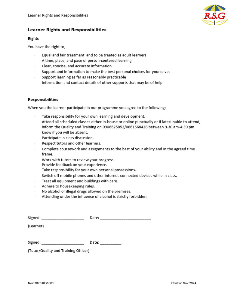Learner Rights and Responsibilities Guide | PDF