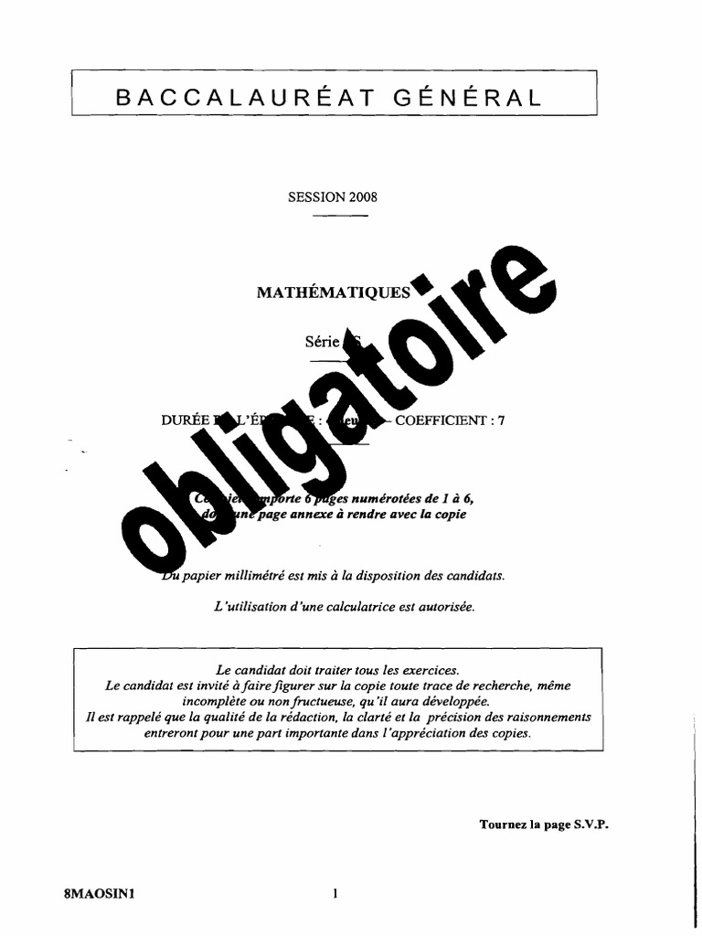 Baccalauréat Général 2008 : Exercices Mathématiques | PDF | Physique ...