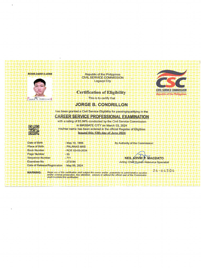 CSC PROF ELigibility - 021033 | PDF