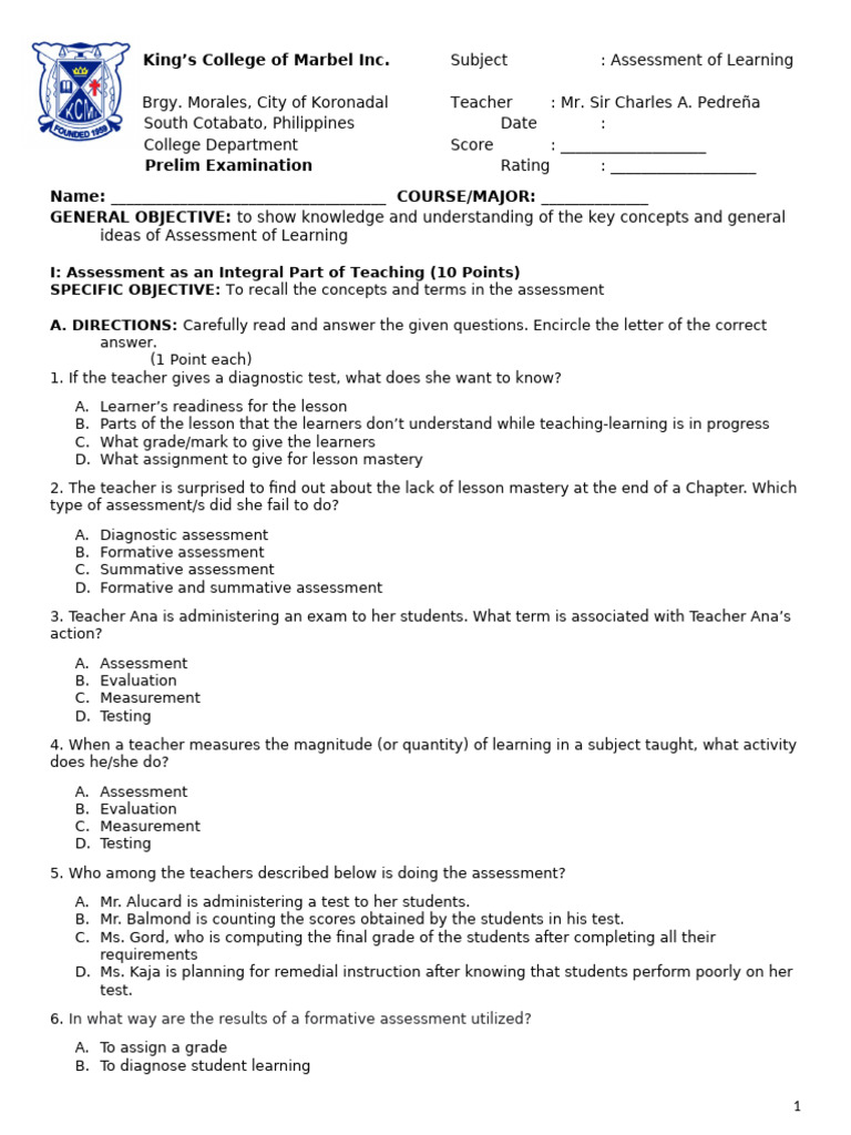 Learning Assessment Exam Guide | PDF | Educational Assessment ...