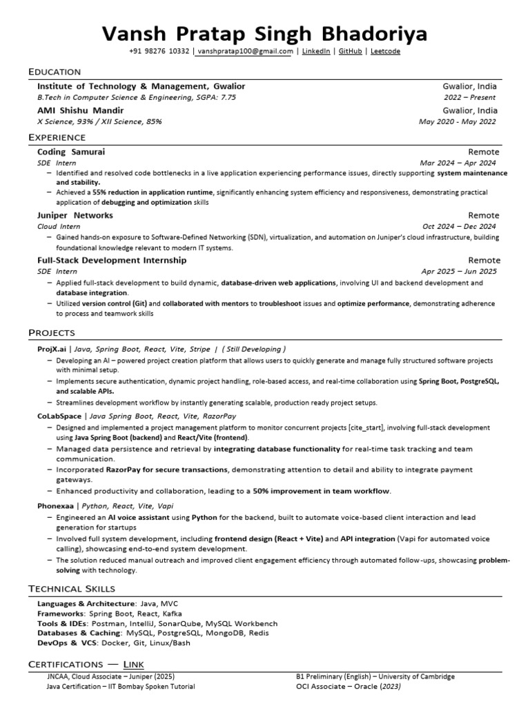 Vansh Pratap Singh Bhadoriya Resume | PDF | My Sql | Cloud Computing