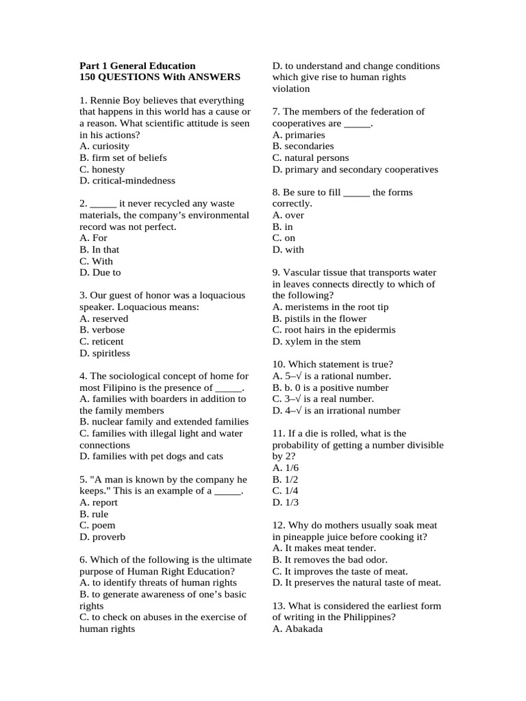 150 General Education Questions & Answers | PDF