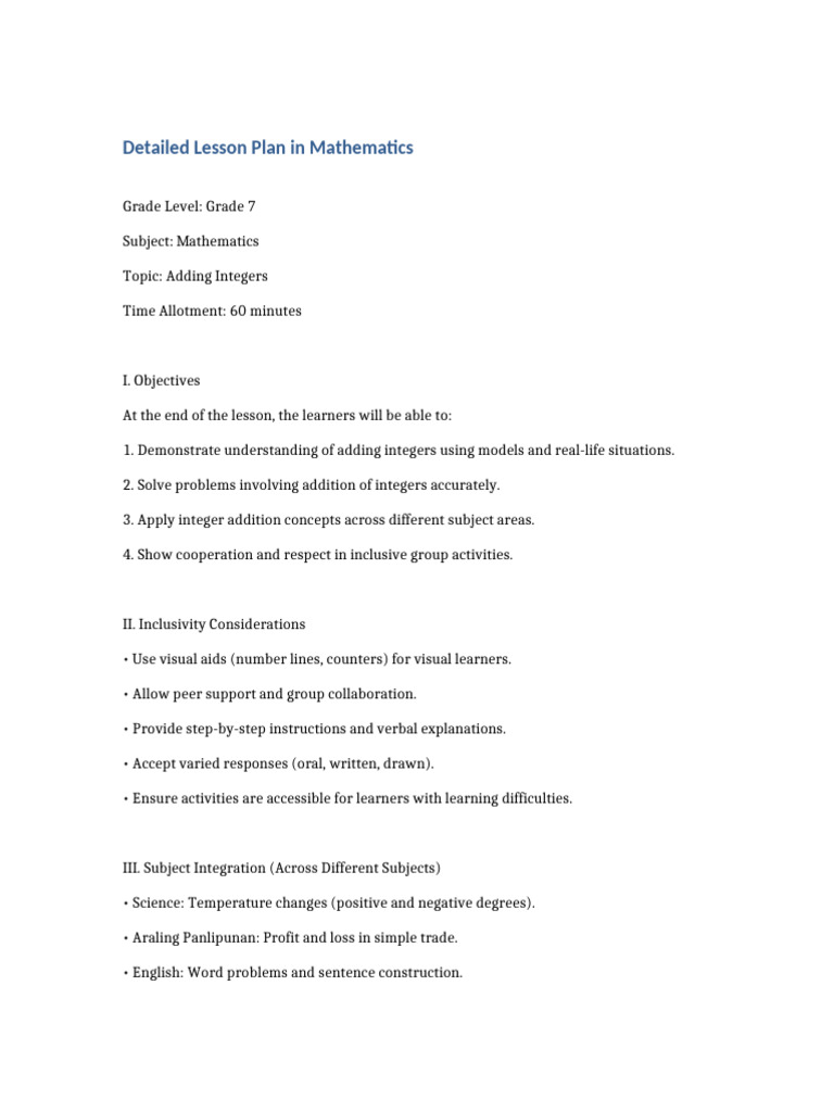 Grade 7 Lesson Plan: Adding Integers | PDF | Lesson Plan | Learning