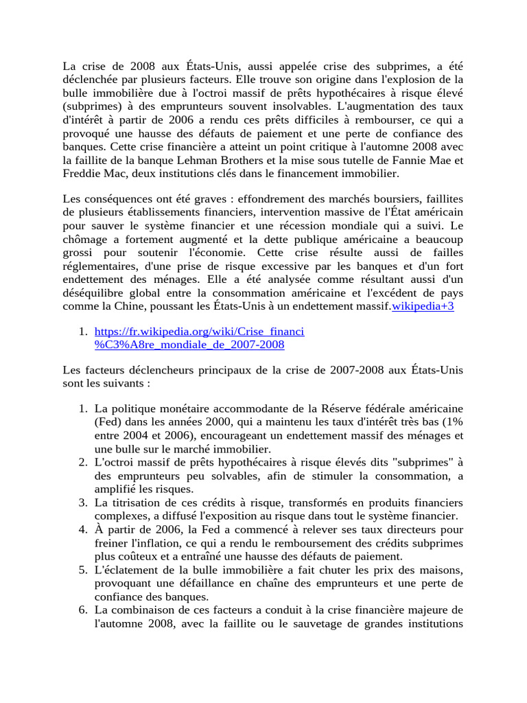 Crise financière de 2008 : causes et impacts | PDF | Crise des ...