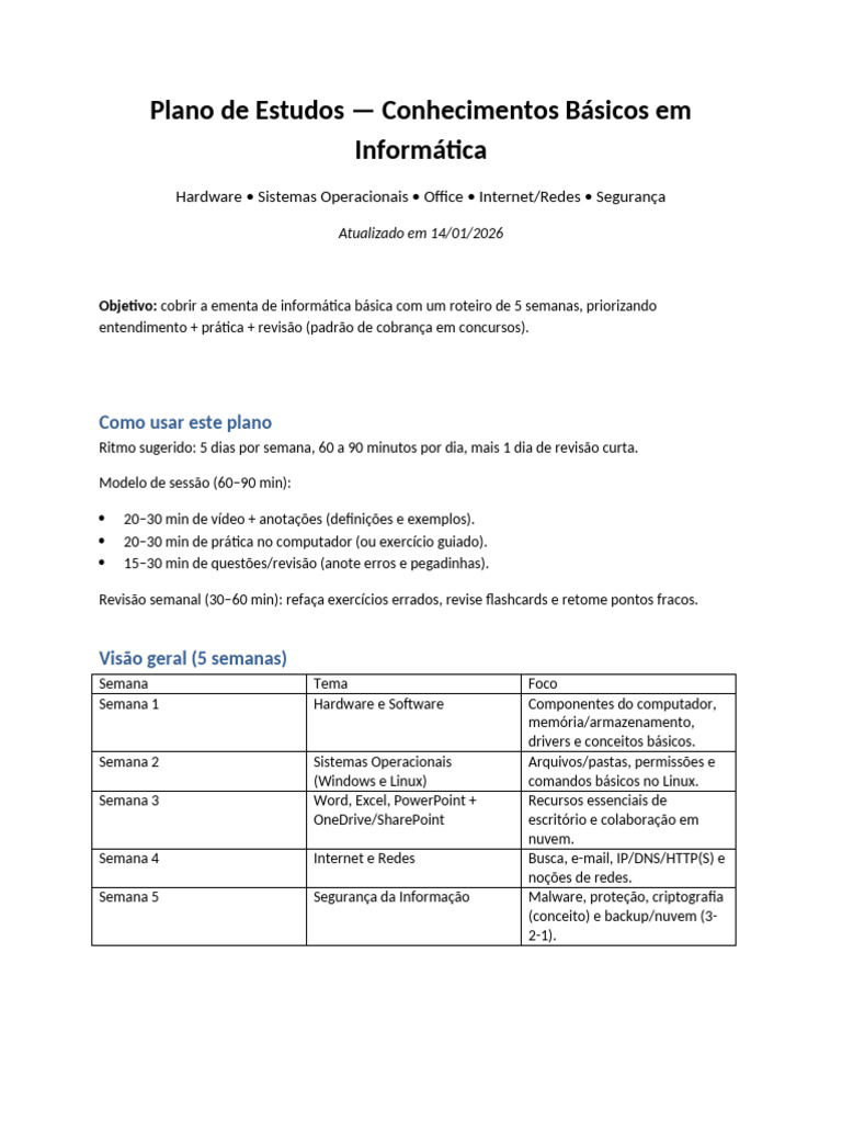 Plano de Estudos Informatica Basica | PDF | Linux | Microsoft Excel