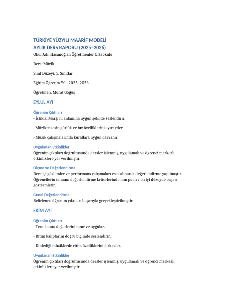 5 Sinif Muzik Maarif Model Aylik Rapor 2025 2026 | PDF
