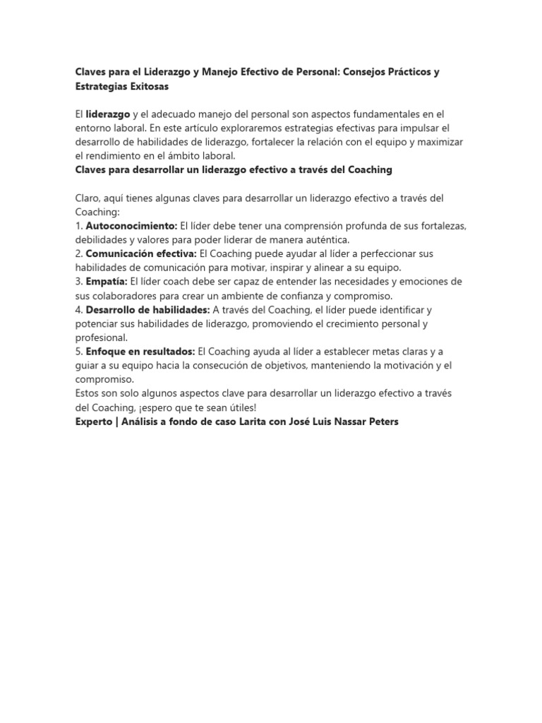 Claves para El Liderazgo y Manejo Efectivo de Personal | PDF ...