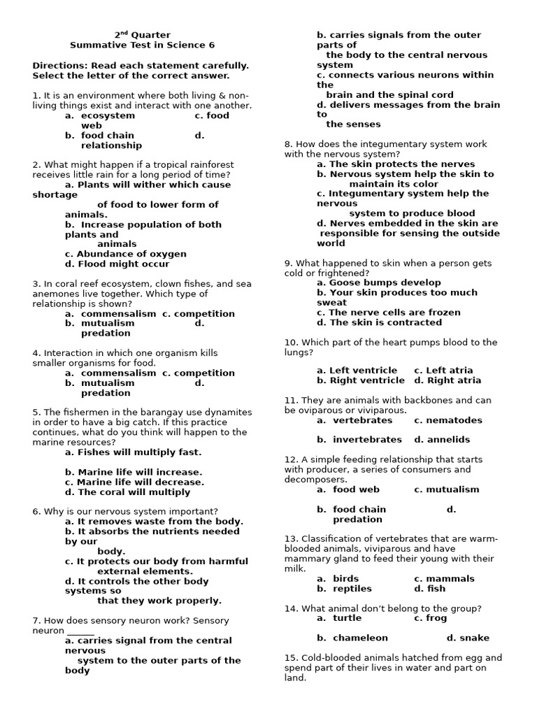 2nd Quarter Summative Test | PDF | Lung | Atrium (Heart)