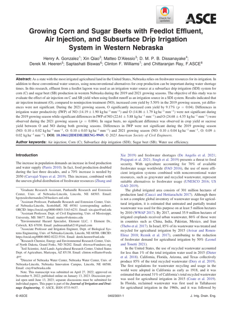 Gonzalez Et Al 2023 Growing Corn and Sugar Beets With Feedlot Effluent ...