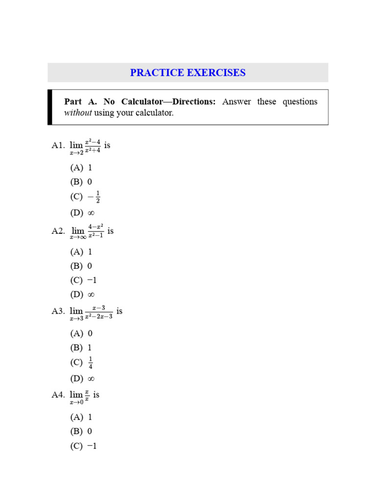 Barron Calc BC Unit 1 Practice | PDF | Asymptote | Mathematics
