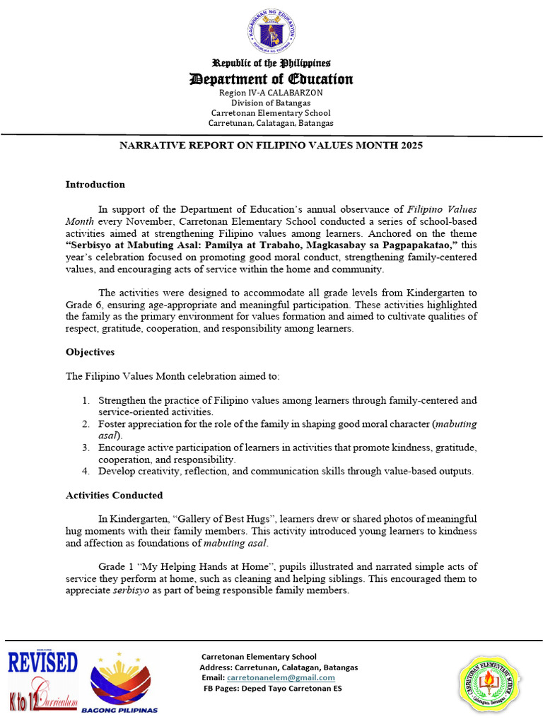 Carretonan Es_narrative Report on Filipino Values Month 2025 | PDF ...