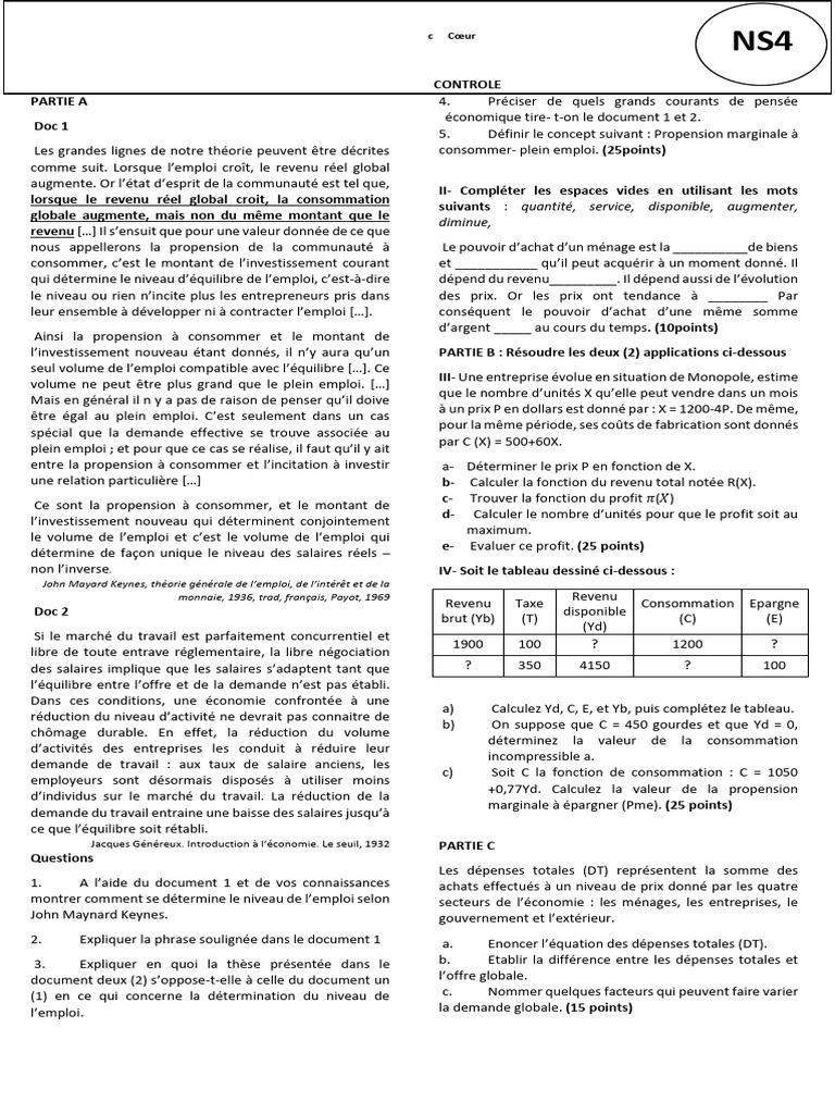 Economie Ns4 Examen Janvier | PDF | Prix | Économie