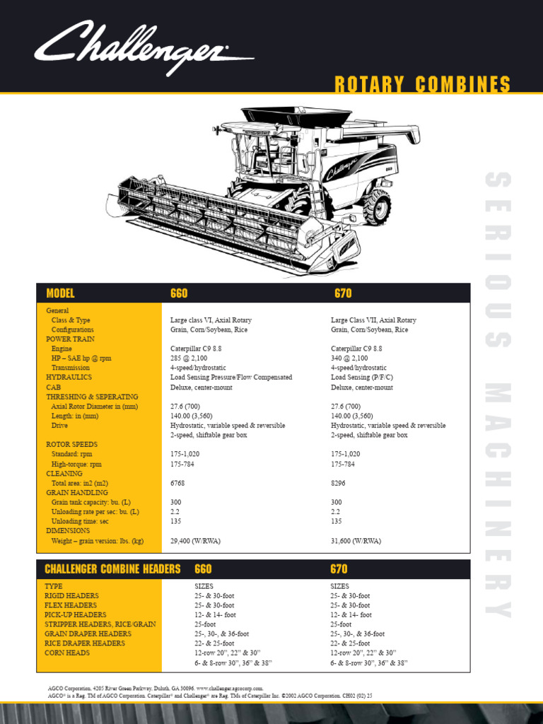 Challenger Combine Product Specs | PDF | Manufactured Goods | Machines