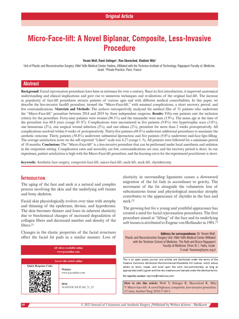 Micro-Face-Lift A Novel Biplanar Composite Less-In | PDF | Surgery ...